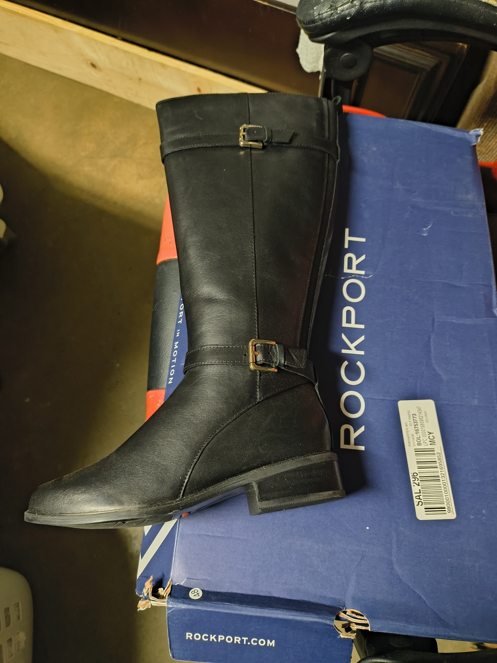 Rockport Black Leather Knee-High Riding Boots with Strap Buckles